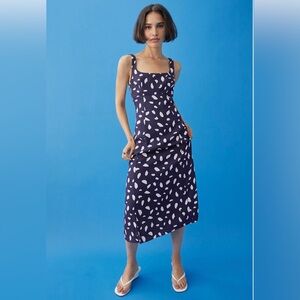 Euc Reformation Juno Splatter Midi Summer Navy Blue White Open Back Dress 6 M